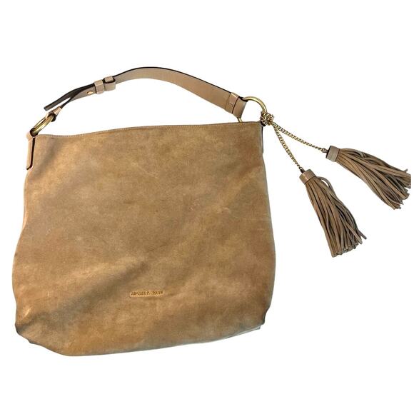 Michael Kors "Elyse" Soft Suede Large Shoulder Bag in Color Dune with Tassels - Picture 4 of 15